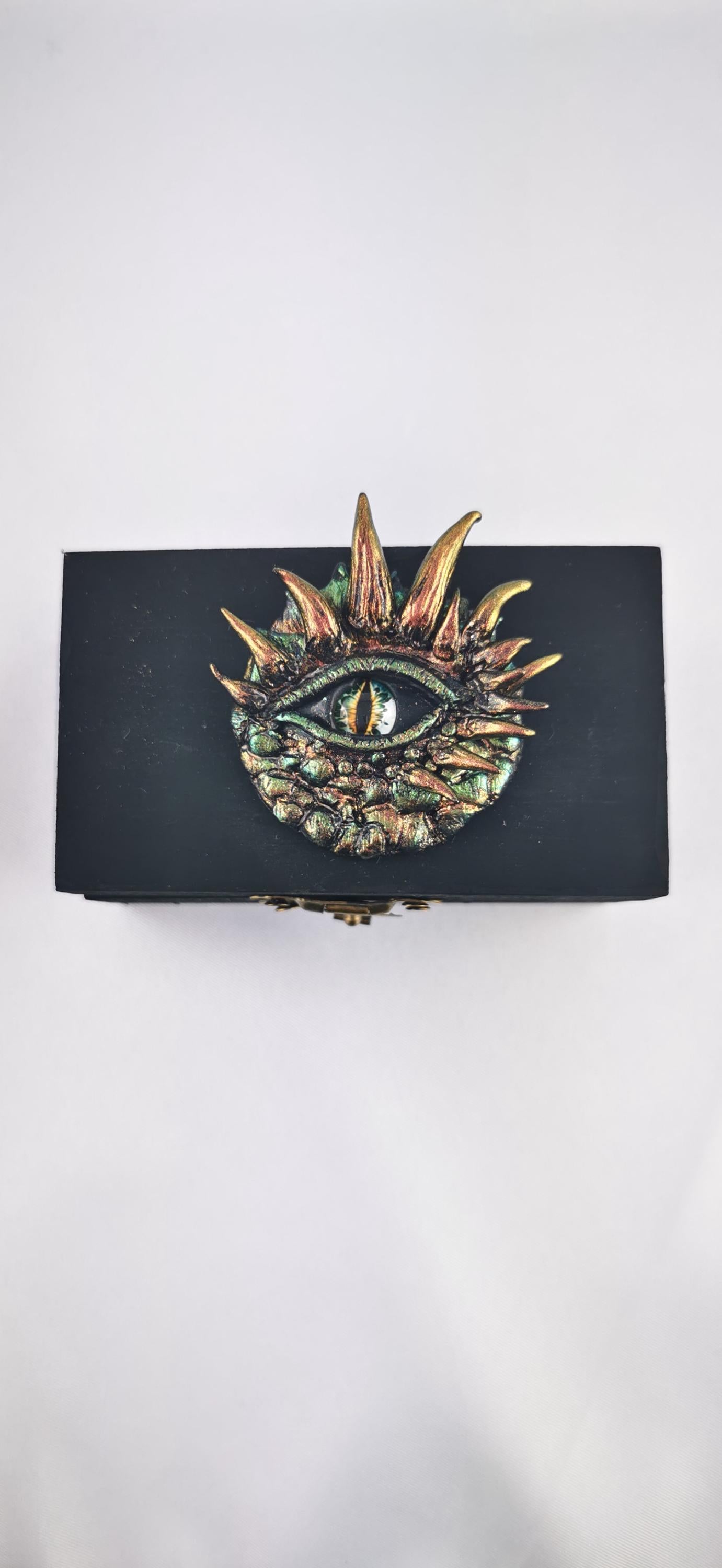 Handmade Polymer Clay Box, Black with Green-Gold Dragon Eye box, Unique Decorative Storage, Perfect Gift for Fantasy Lovers