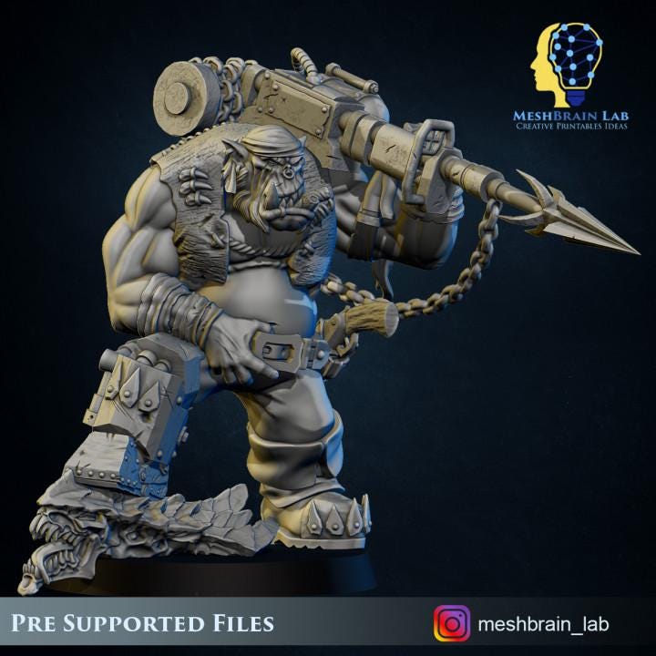 Pirate Ork Harpooner | Meshbrain Lab | Wargaming | Tabletop | Minifigure | 28mm scale | 32mm scale | Grimdark compatible