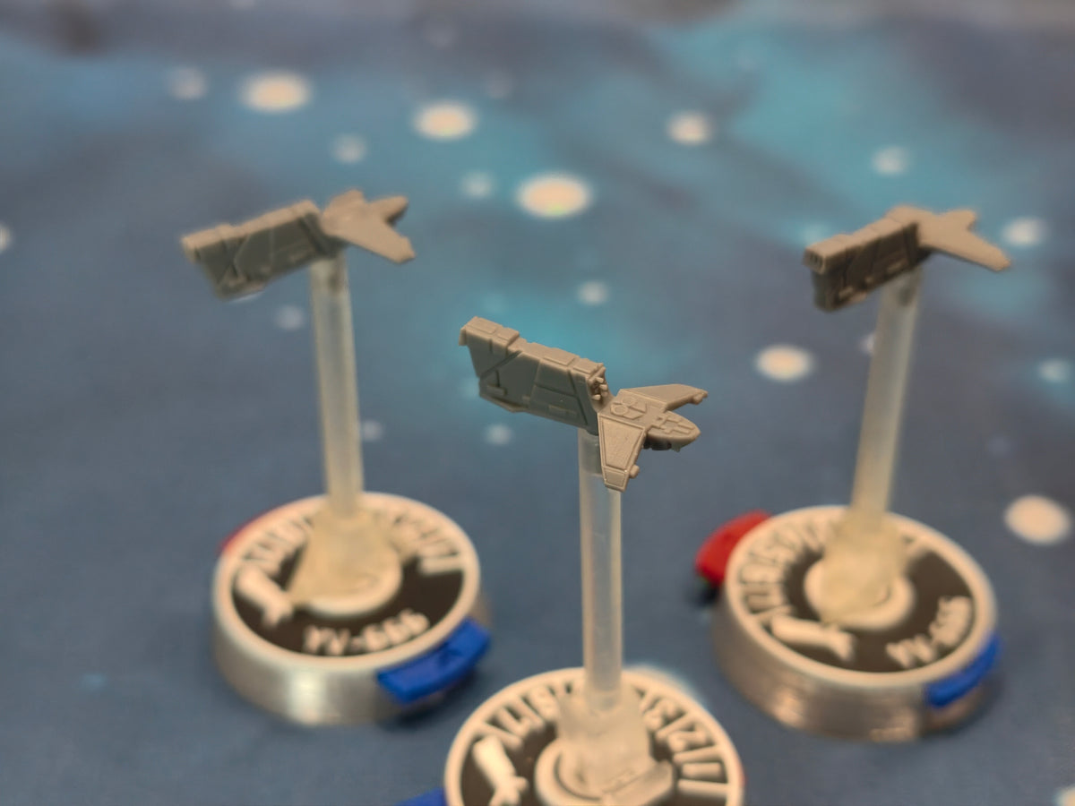 Three Imperial YV-666 spacecraft models for Armada-compatible fleets