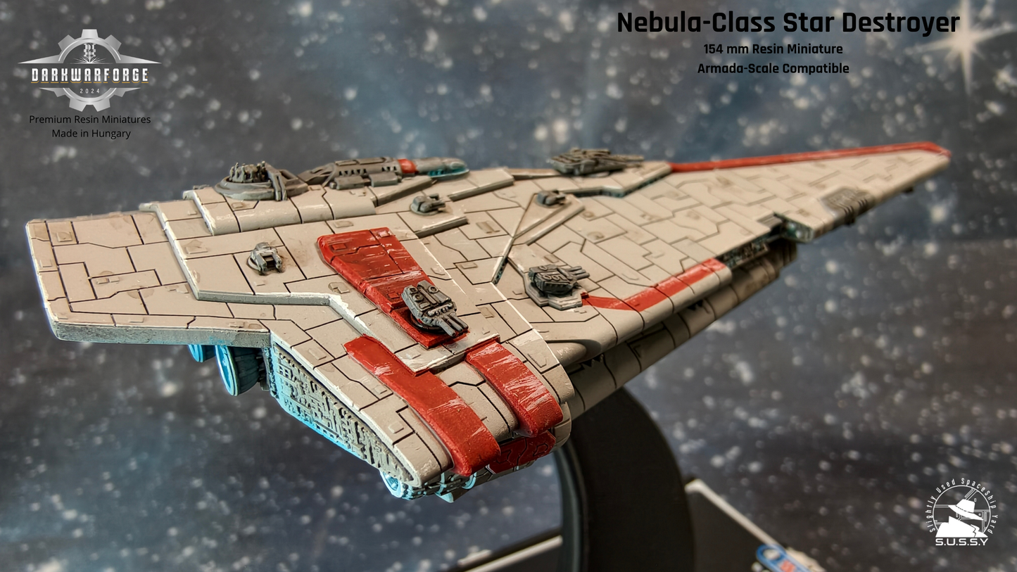 Nebula-class Star destroyer resin miniature compatible with Star Wars Armada, right-rear side close-up