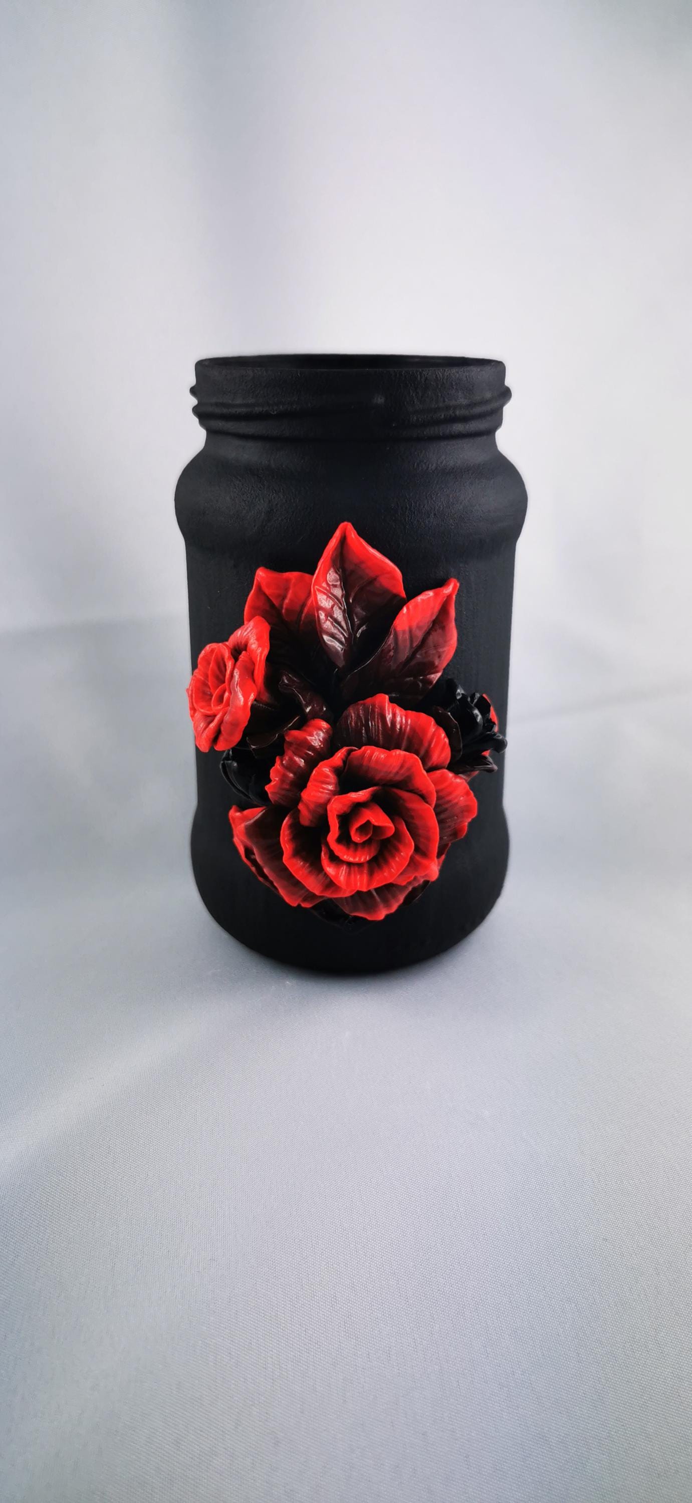 Handmade Polymer Clay Red Rose Jar, Elegant Black Painted Flower Container for Home Decor Gift