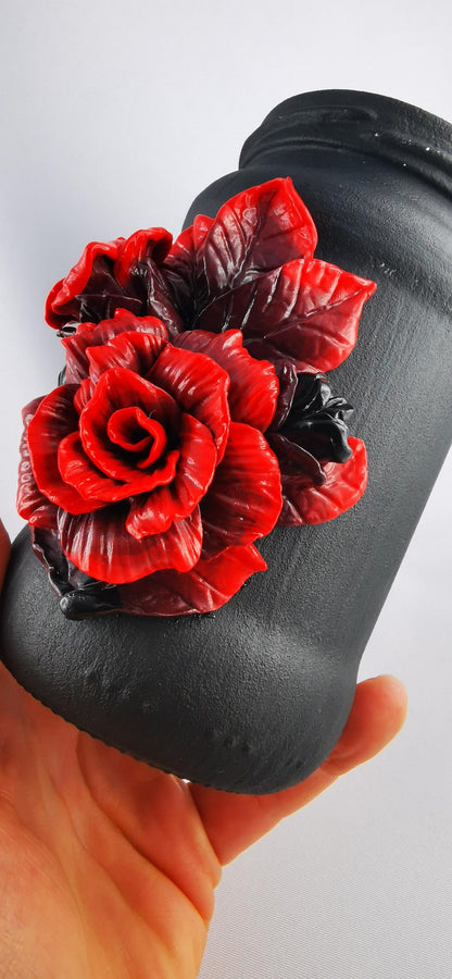 Handmade Polymer Clay Red Rose Jar, Elegant Black Painted Flower Container for Home Decor Gift