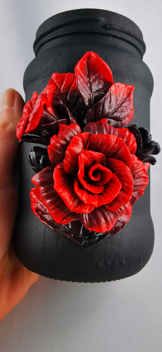 Handmade Polymer Clay Red Rose Jar, Elegant Black Painted Flower Container for Home Decor Gift