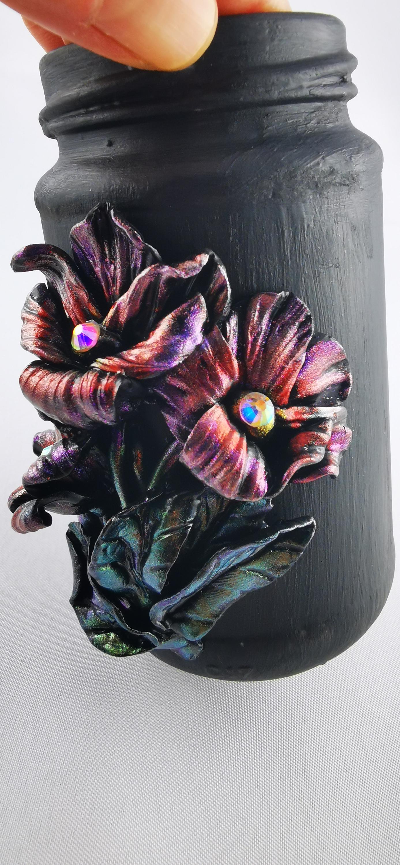 Handmade Polymer Clay Black Jar, Elegant Shiny Flowers with Mica Powder, Strass, Perfect for Storage and Unique Gifts