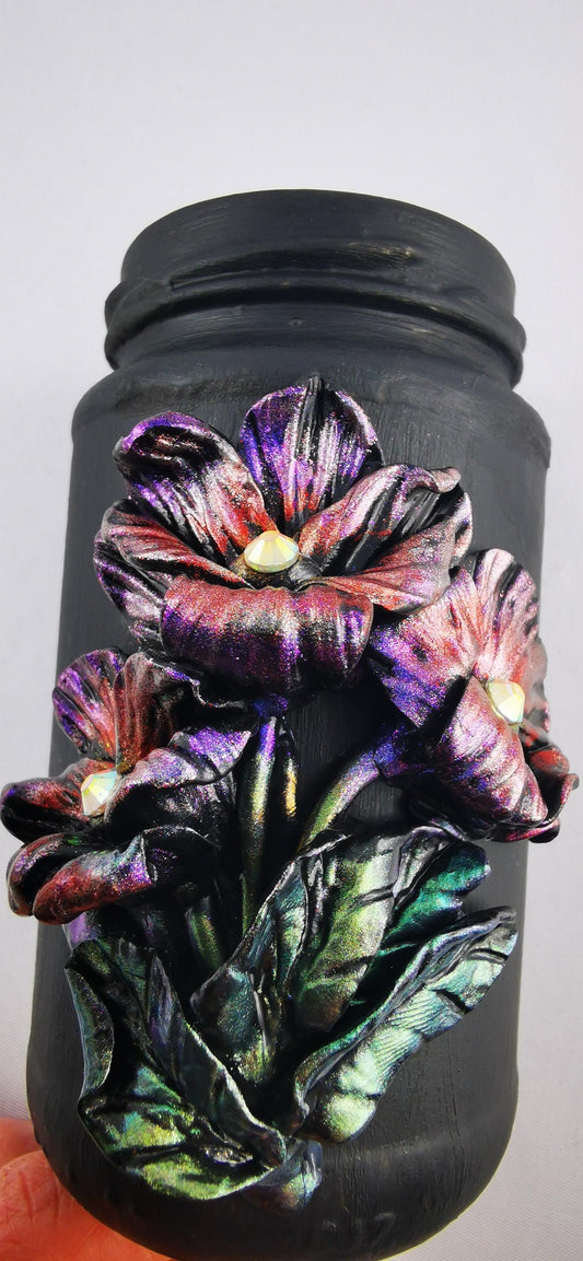 Handmade Polymer Clay Black Jar, Elegant Shiny Flowers with Mica Powder, Strass, Perfect for Storage and Unique Gifts