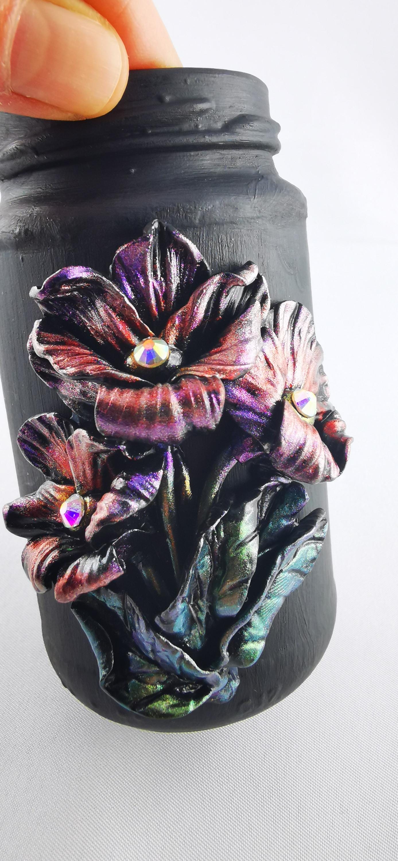 Handmade Polymer Clay Black Jar, Elegant Shiny Flowers with Mica Powder, Strass, Perfect for Storage and Unique Gifts