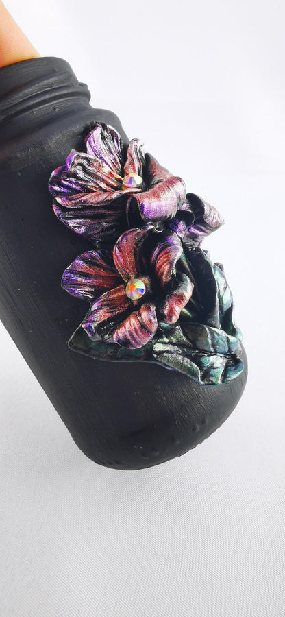 Handmade Polymer Clay Black Jar, Elegant Shiny Flowers with Mica Powder, Strass, Perfect for Storage and Unique Gifts