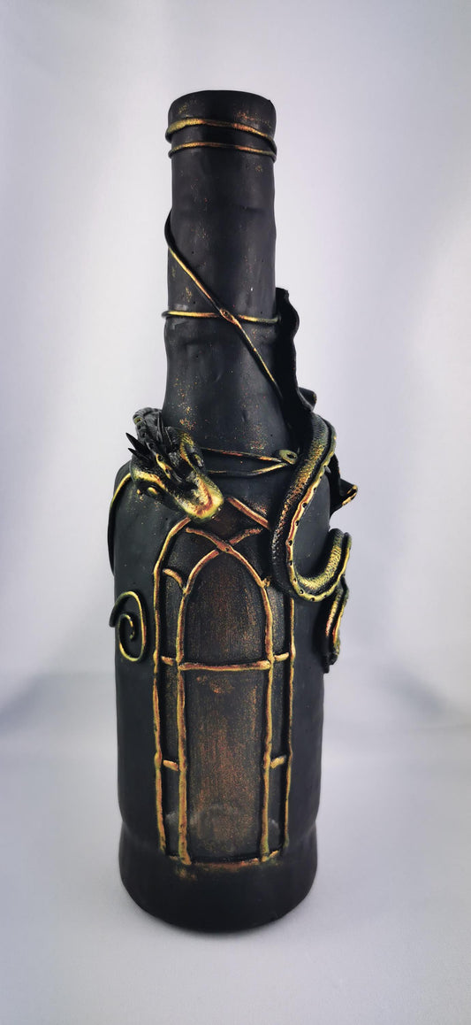 Handmade Black Polymer Clay Dragon Bottle, Unique Decorative Item for Home or Office, Perfect Gift for Fantasy Lovers