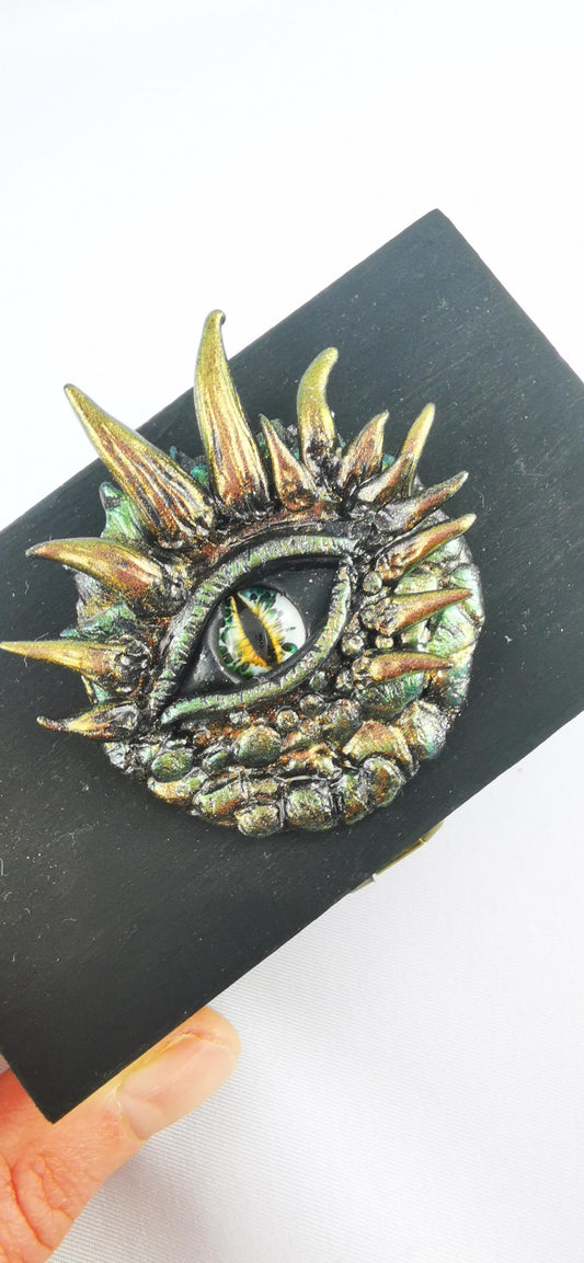 Handmade Polymer Clay Box, Black with Green-Gold Dragon Eye box,  Unique Decorative Storage, Perfect Gift for Fantasy Lovers
