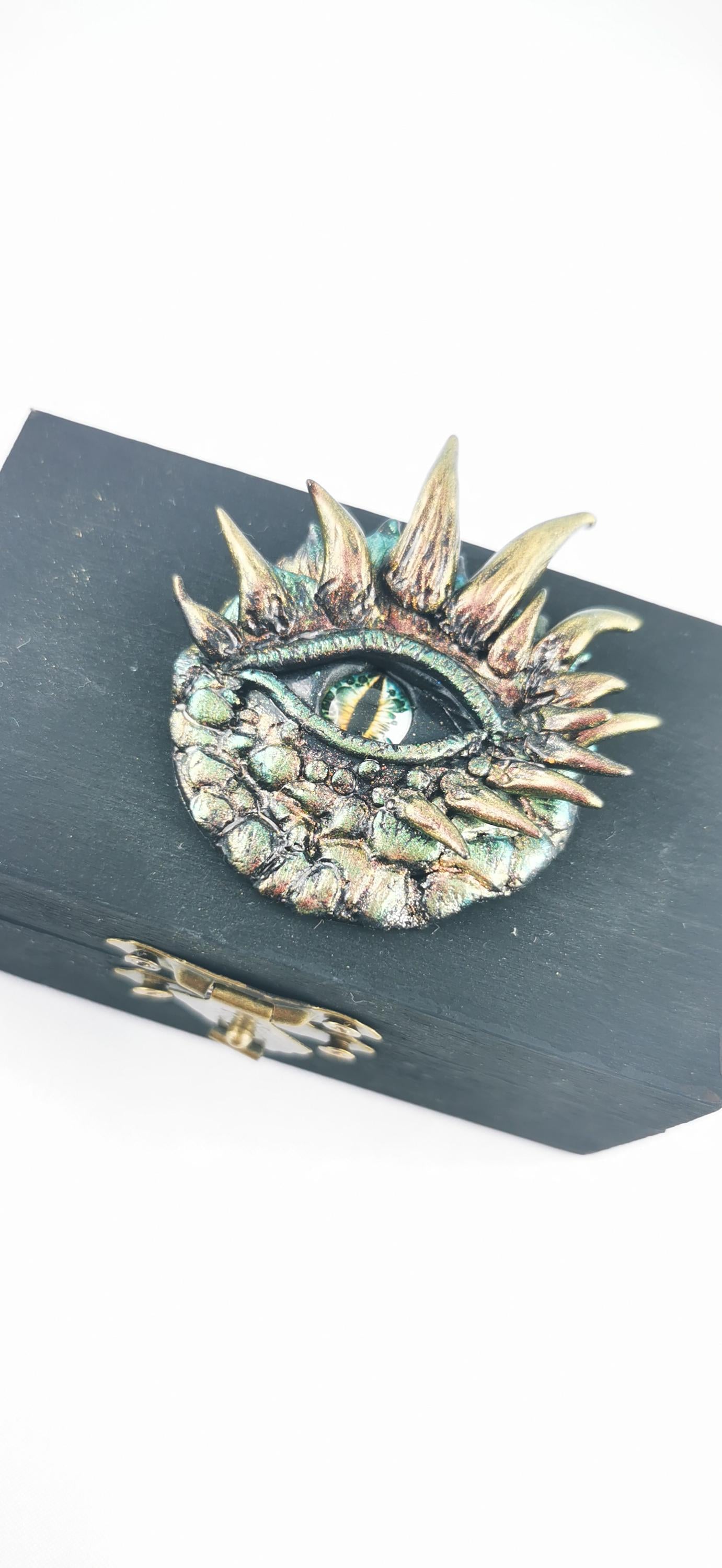 Handmade Polymer Clay Box, Black with Green-Gold Dragon Eye box,  Unique Decorative Storage, Perfect Gift for Fantasy Lovers