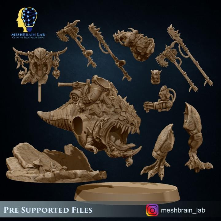 Ork Beast Hunter Warboss on colossal Mount | Meshbrain Lab | Wargaming | Tabletop | Minifigure | 28mm scale|32mm scale | Grimdark compatible