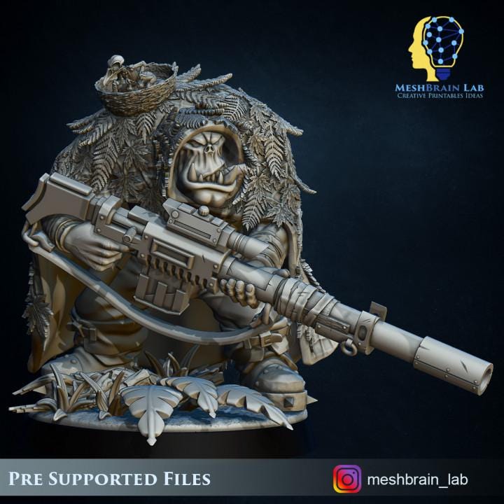 Ork Commando Sniper | Meshbrain Lab | Wargaming | Tabletop | Minifigure | 28mm scale | 32mm scale | Grimdark compatible