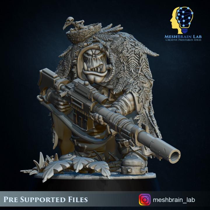 Ork Commando Sniper | Meshbrain Lab | Wargaming | Tabletop | Minifigure | 28mm scale | 32mm scale | Grimdark compatible