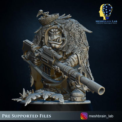 Ork Commando Sniper | Meshbrain Lab | Wargaming | Tabletop | Minifigure | 28mm scale | 32mm scale | Grimdark compatible