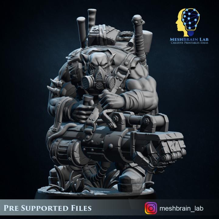Ork Commando Zapper | Meshbrain Lab | Wargaming | Tabletop | Minifigure | 28mm scale | 32mm scale | Grimdark compatible