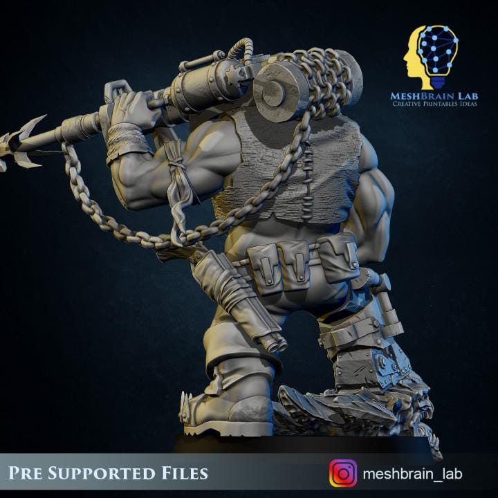 Pirate Ork Harpooner | Meshbrain Lab | Wargaming | Tabletop | Minifigure | 28mm scale | 32mm scale | Grimdark compatible