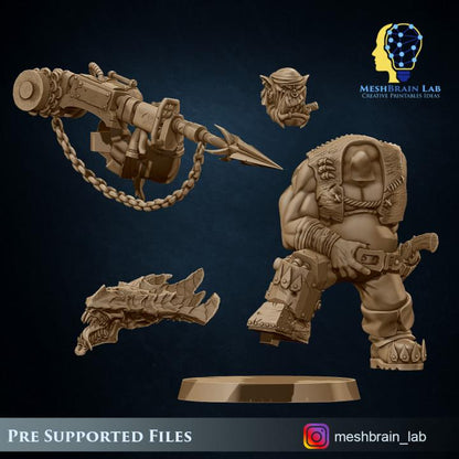 Pirate Ork Harpooner | Meshbrain Lab | Wargaming | Tabletop | Minifigure | 28mm scale | 32mm scale | Grimdark compatible