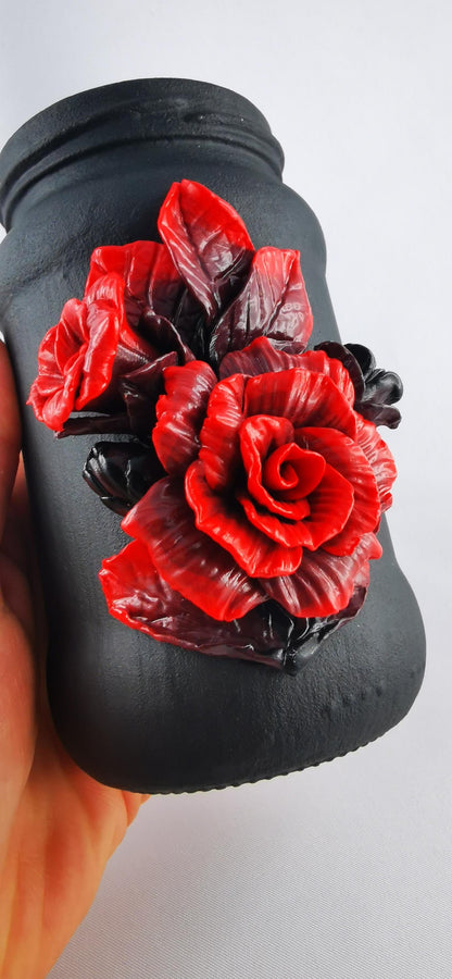 Handmade Polymer Clay Red Rose Jar, Elegant Black Painted Flower Container for Home Decor Gift