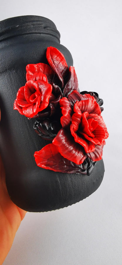 Handmade Polymer Clay Red Rose Jar, Elegant Black Painted Flower Container for Home Decor Gift