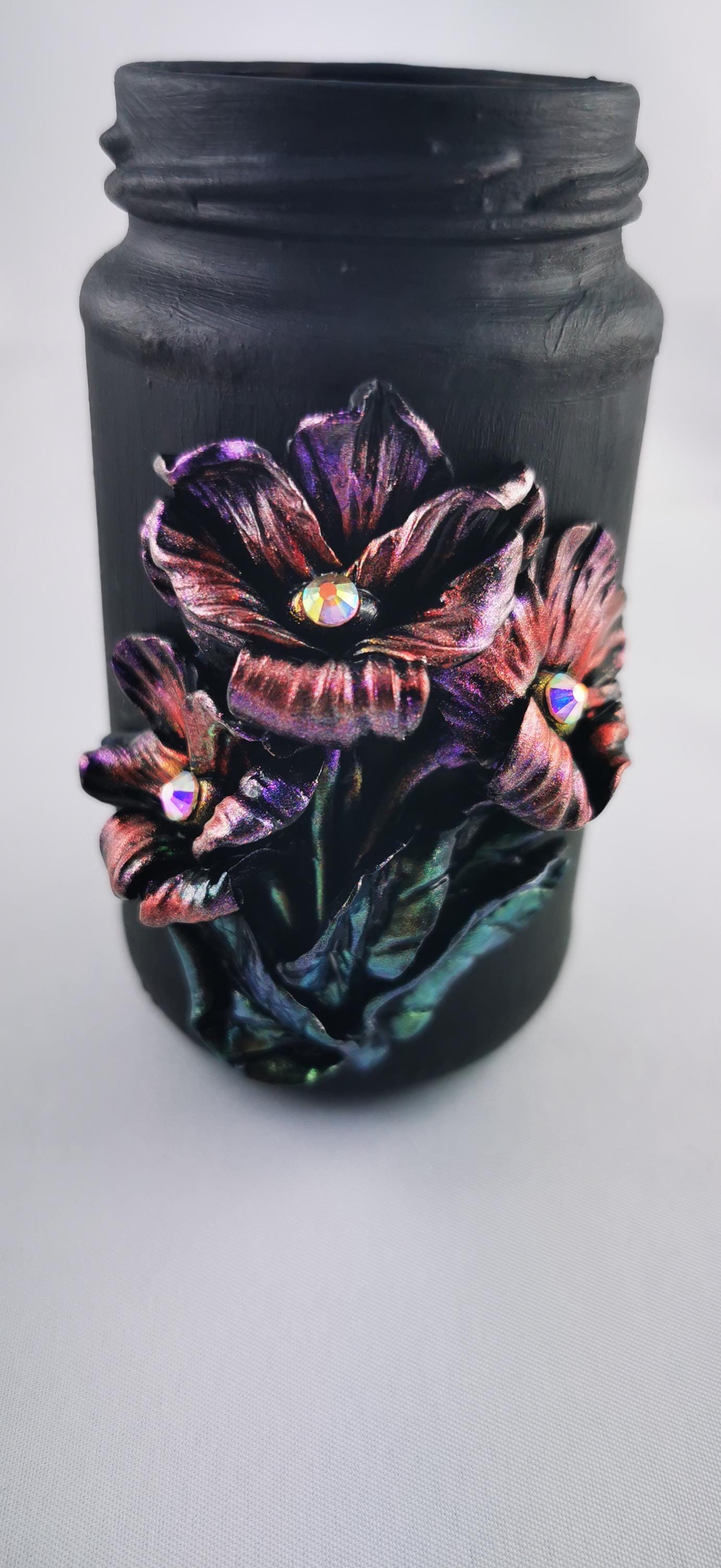 Handmade Polymer Clay Black Jar, Elegant Shiny Flowers with Mica Powder, Strass, Perfect for Storage and Unique Gifts