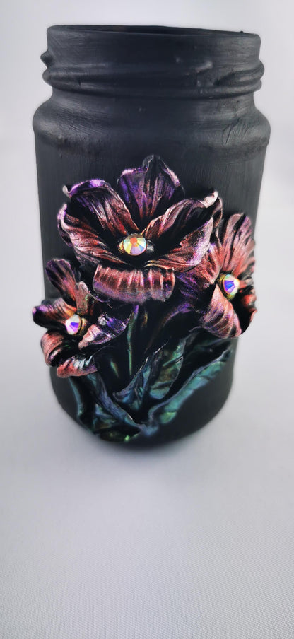 Handmade Polymer Clay Black Jar, Elegant Shiny Flowers with Mica Powder, Strass, Perfect for Storage and Unique Gifts