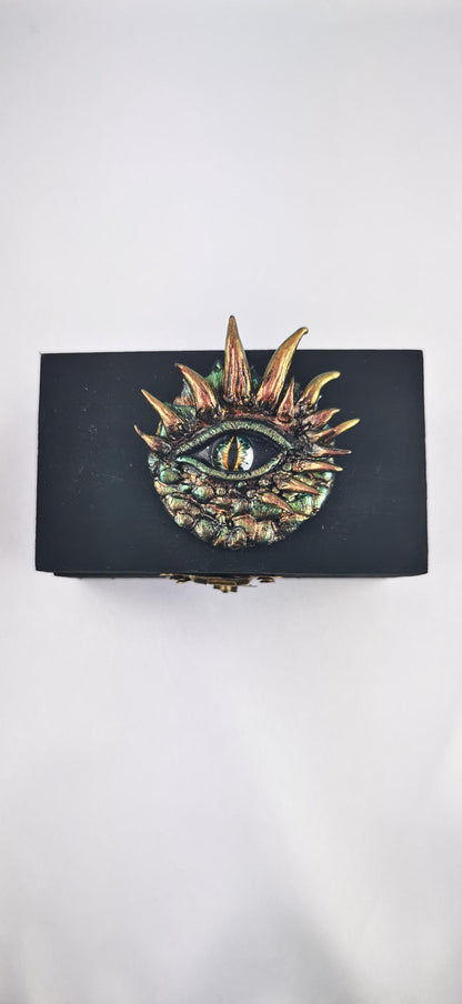 Handmade Polymer Clay Box, Black with Green-Gold Dragon Eye box,  Unique Decorative Storage, Perfect Gift for Fantasy Lovers