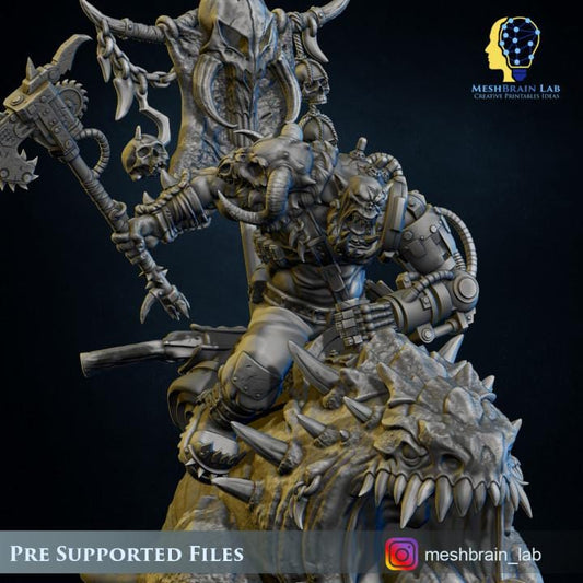Ork Beast Hunter Warboss on colossal Mount | Meshbrain Lab | Wargaming | Tabletop | Minifigure | 28mm scale|32mm scale | Grimdark compatible