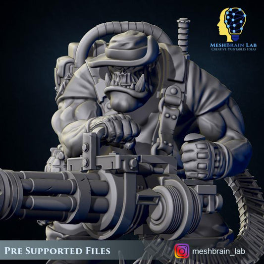 Ork Commando With Minigun | Meshbrain Lab | Wargaming | Tabletop | Minifigure | 28mm scale | 32mm scale | Grimdark compatible