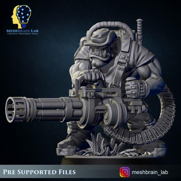 Ork Commando With Minigun | Meshbrain Lab | Wargaming | Tabletop | Minifigure | 28mm scale | 32mm scale | Grimdark compatible