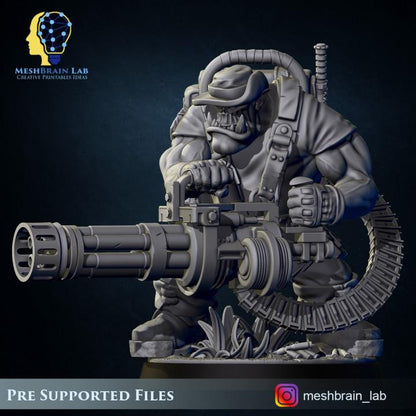 Ork Commando With Minigun | Meshbrain Lab | Wargaming | Tabletop | Minifigure | 28mm scale | 32mm scale | Grimdark compatible