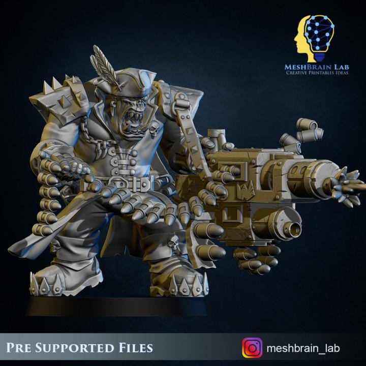 Pirate Ork with Big Bada Boom weapon | Wargaming | Tabletop | 3D printed miniature | OPR compatible