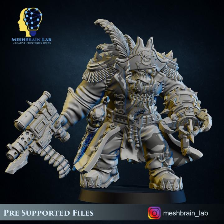 Pirate Ork Warboss | Meshbrain Lab |Tabletop | Minifigure | Wargaming | Tabletop | 28mm scale | 32mm scale | Grimdark compatible