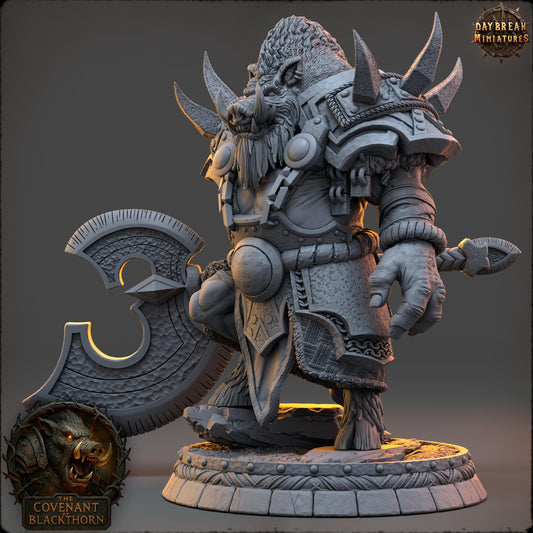 Boar Man Fighter Miniature: Skrenn Blacktusk, D&D Tabletop Gaming