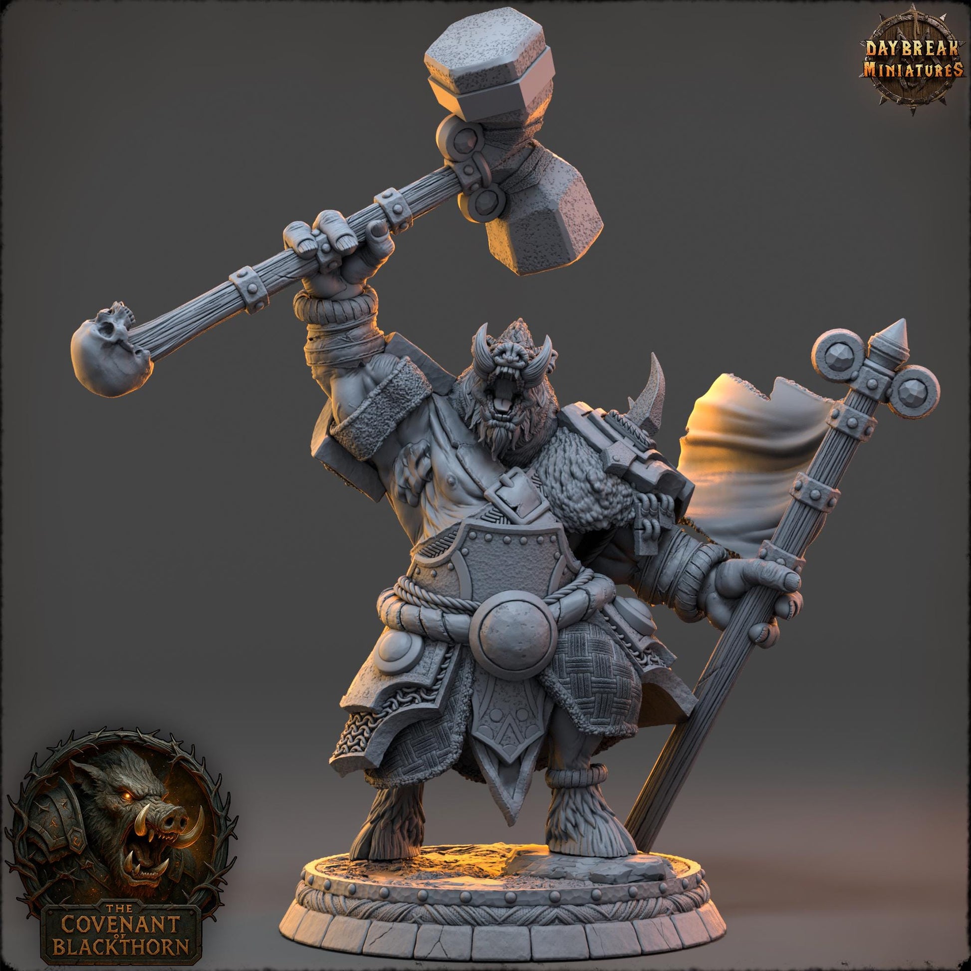 Boar Man Fighter Miniature: 32mm D&D Resin Model, Daybreak Miniatures