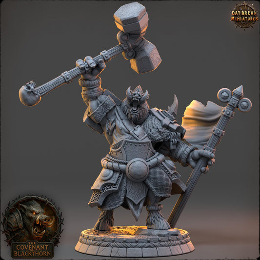 Boar Man Fighter Miniature: 32mm D&D Resin Model, Daybreak Miniatures