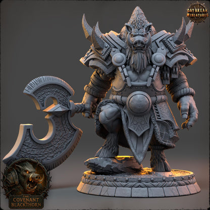 Boar Man Fighter Miniature: Skrenn Blacktusk, D&D Tabletop Gaming
