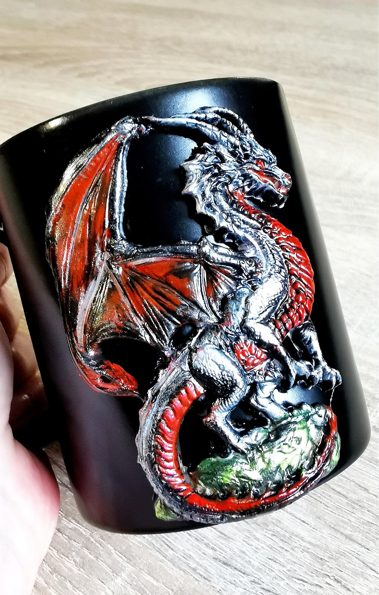 Handmade Polymer clay Silver Dragon motiff Mug Fantasy lover