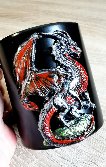 Handmade Polymer clay Silver Dragon motiff Mug Fantasy lover