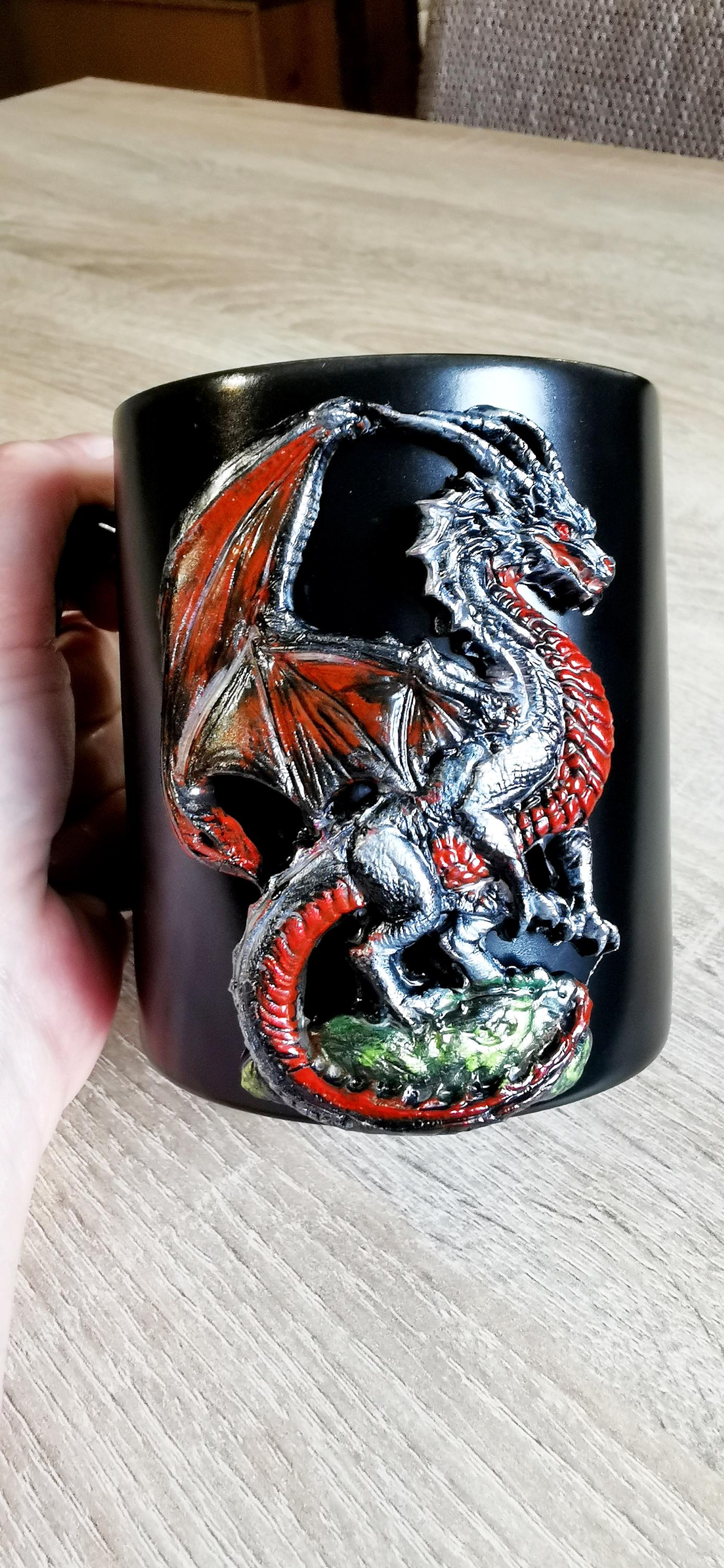 Handmade Polymer clay Silver Dragon motiff Mug Fantasy lover