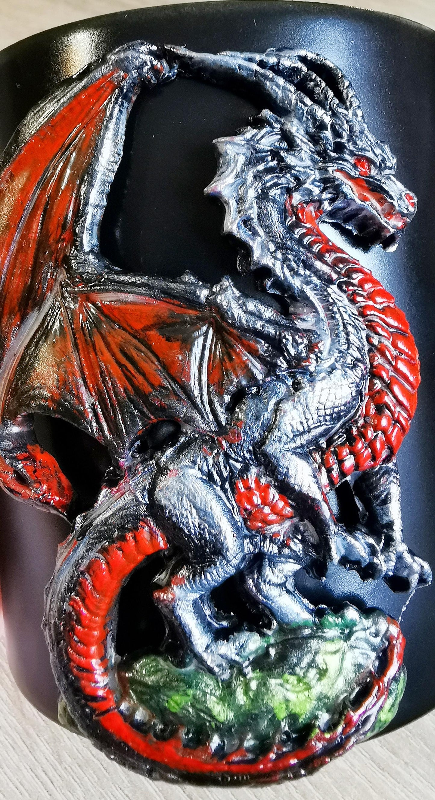 Handmade Polymer clay Silver Dragon motiff Mug Fantasy lover